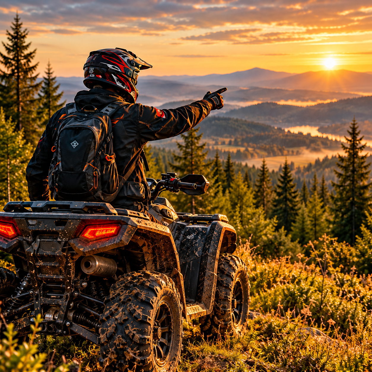 Ghid Wild&Fun pe ATV care arată traseul la apus